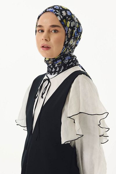 FENZA SCARF Floral Pattern Cotton Shawl - Black-Blue