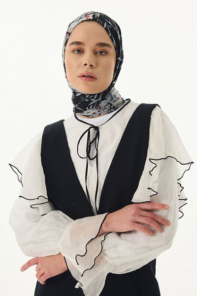 FENZA SCARF Olive Leaf Patterned Cotton Shawl - Black-Grey