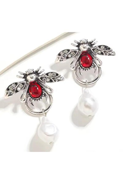 Rachel Silver İnci Taşlı Gümüş Renk Kırmızı Renk Doğaltaşlı Çivi Kilitli Sallantılı Tasarım Arı Küpe