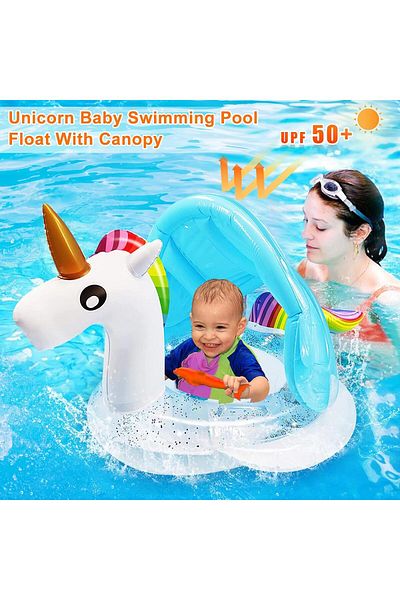 Picodino Inflatable boat ring with panties and sunshade, White Unicorn with glitter