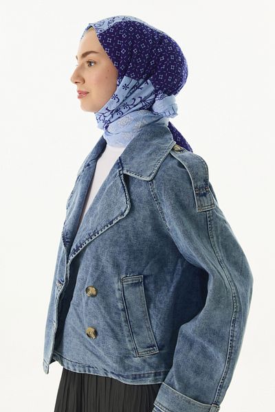 FENZA SCARF Ethnic Pattern Cotton Shawl - Baby Blue-Navy Blue