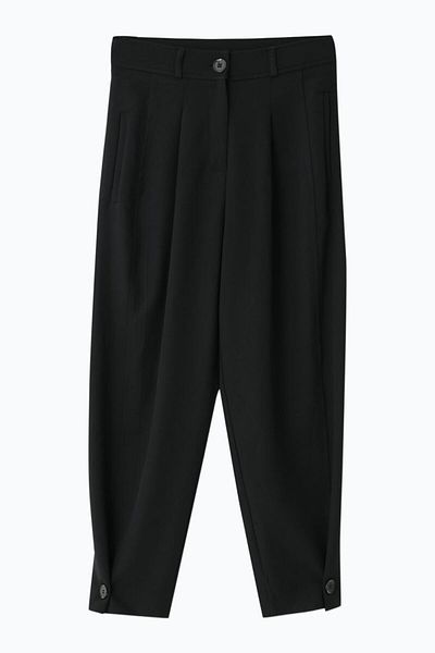 Puane Women's Black Colored Pleated Legs Stylish Button Detailed Carrot Type Trousers 18123