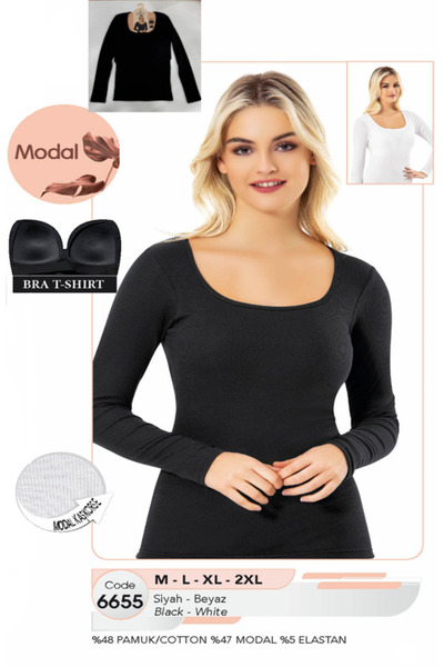 Genel Markalar İç Giyim KOTA Modal Kaşkorse Kumaş Derin Oval Yaka Kendinden Sütyenli Uzun Kol Atlet