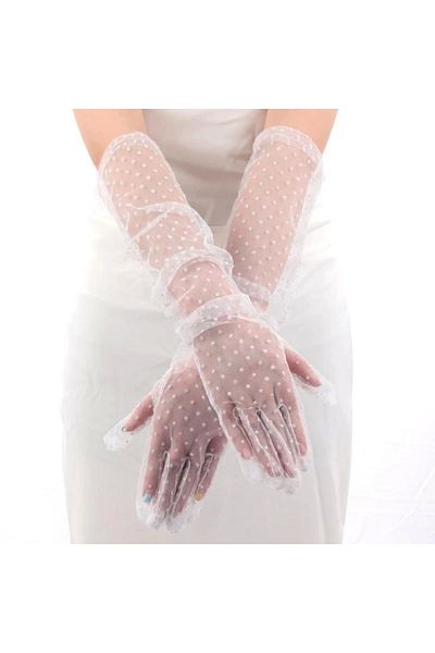 No8 Home Long Size White Polka Dot White Color Adult Tulle Gloves 55 Cm