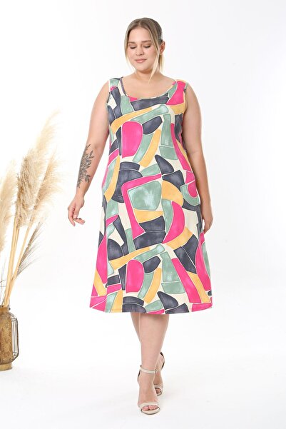 Madwilo Women's Pink Gray Geometric Pattern Strap Plus Size Dress
