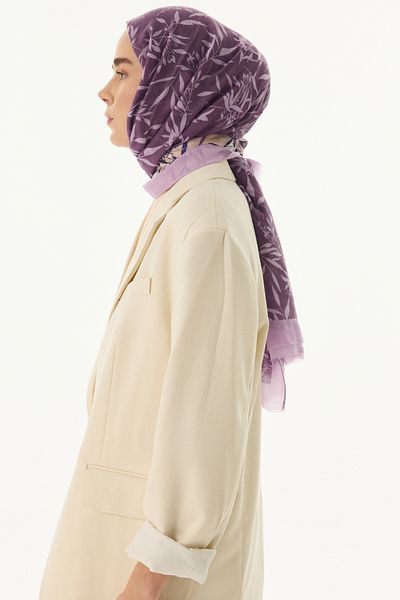 FENZA SCARF Olive Leaf Patterned Cotton Shawl - Purple-Cream