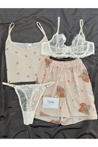 Lena Homewears Γυναικείο Σετ Πιτζάμες με Μοτίβο Αρκουδάκι με Εσώρουχα και Σορτς