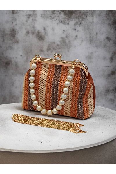 Babydoll Bag Geantă de mână și de umăr pentru femei cu aspect de paie cu mâner cu mărgele (20x15 cm)