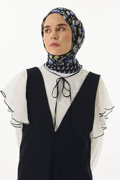 FENZA SCARF Floral Pattern Cotton Shawl - Black-Blue