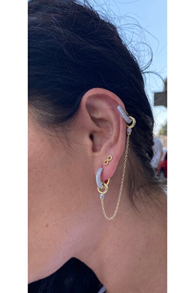 Byoz store 14k altın kaplama zirkon taş premium vip seri kıkırdak küpesi zincir sarkık küpe gold