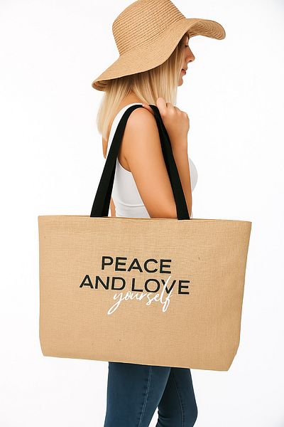 REKHOME Peace And Love Printed Straw Πολύχρωμη Φυσική Γιούτα Ψώνια, Πικ-νικ, Ώμος, Θαλασσινή τσάντα παραλίας 56x40x8