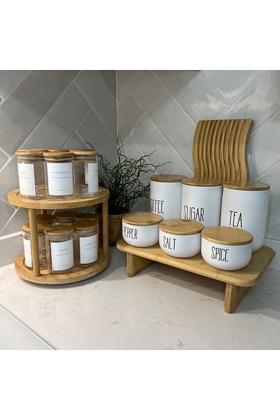Sade Hediye 6-Piece Spice Set with Bamboo Lid and Wooden Stand / 12-Piece Spice Set with Bamboo Lid and Rotating Stand