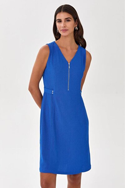 İKİLER V Yaka Önü Fermuarlı Kolsuz Elbise 025-4016