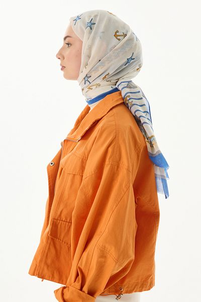 FENZA SCARF Ocean Pattern Cotton Shawl - Cream-Blue