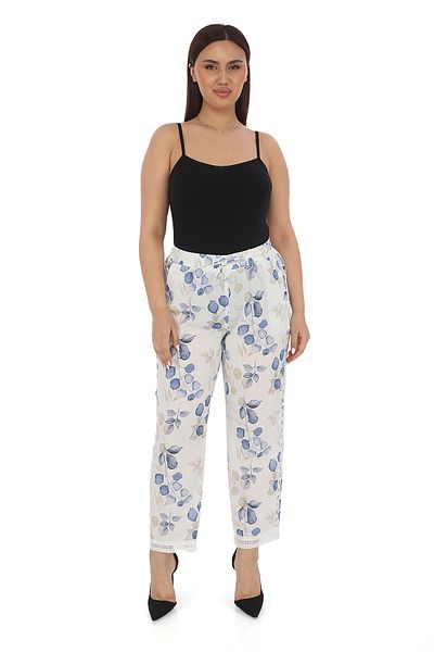 EXİTLİNE Women's Summer Printed White Trousers with Lace Sides