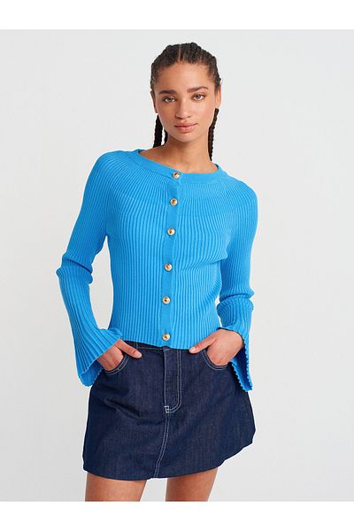 Dilvin 60246 Tricotaj cu mânecă spaniolă cu nasturi cu gâtul turnat Cardigan-albastru închis