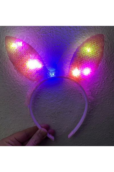 No8 Home Pink Sequined LED Light Rabbit Ear Crown with Lace Edges 23x19 Cm