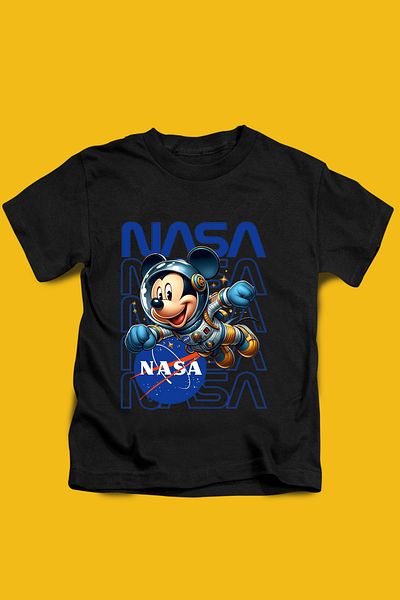 Store Mickey Nasa Pattern Printed Children's Black and White Tshirt