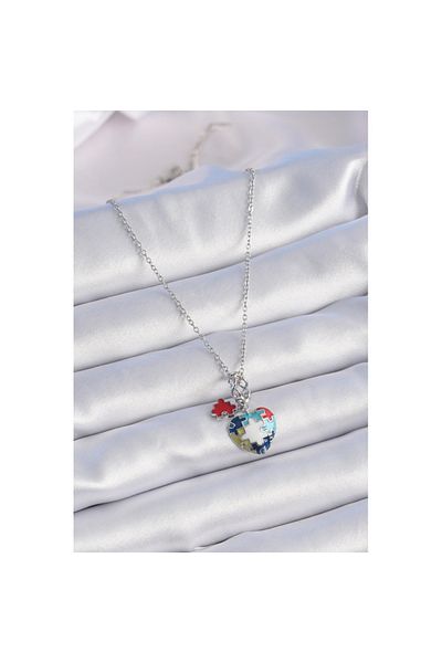 Skygo 316L Steel Silver Color Jigsaw Puzzle Motif Heart Figure Charm Model Women's Necklace - Tj-Bko9315