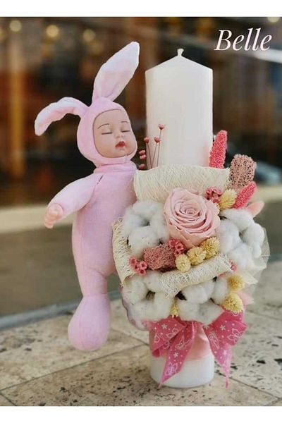 JPT Baby Bunny imitates Anne Geddes pink Baptism Candle