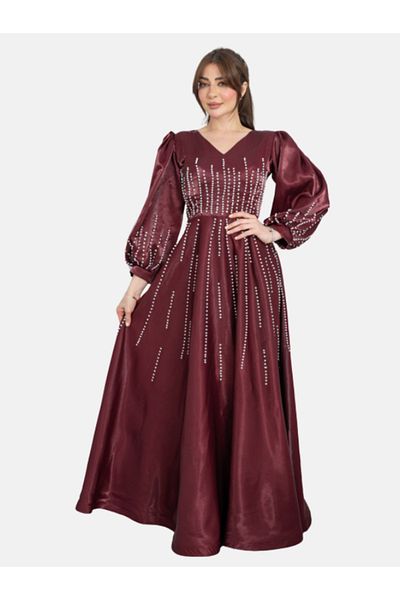 Nice Model Burgundy Sequined Maxi Dress Long Sleeve Evening Gown with Sparkly Embellishments