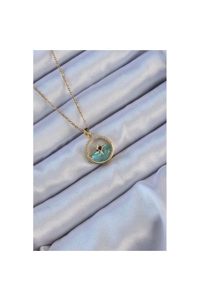 Skygo 316L Steel Chain Gold Color Zircon Stone Sea View Polar Star Necklace - Tj-Bko9113