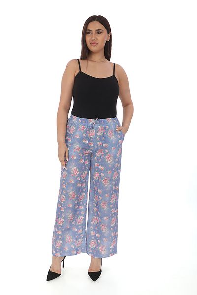 EXİTLİNE Women's Summer Floral Printed Blue Cotton Linen Trousers