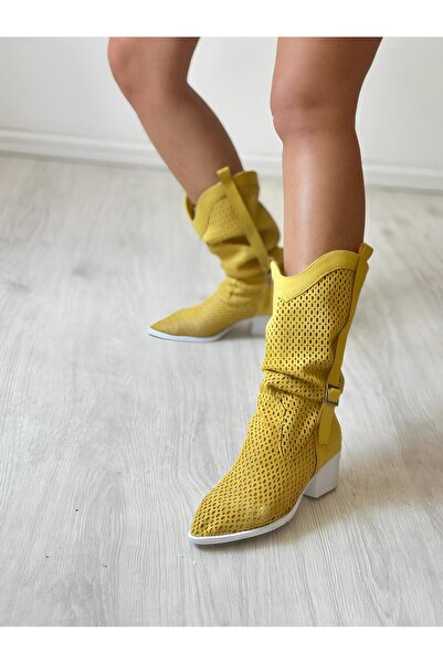 SHOEBOURNE Sarı Süet Delikli Western Tarzı Yazlık Çizme