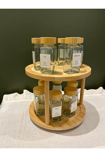 Sade Hediye 12-Piece Spice Rack/Rotary Stand with Bamboo Lid Label