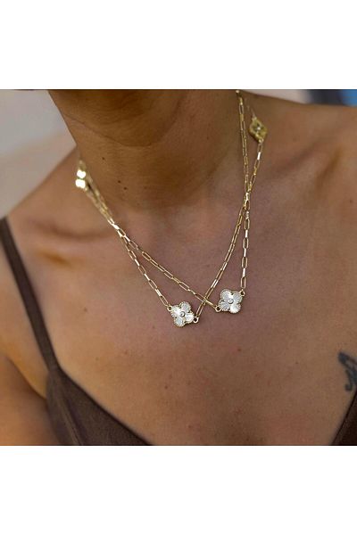 neslyaccessories قلادة سلسلة مشبكية على شكل برسيم بأربع أوراق - 100 سم |   14 قيراط ذهب لامع