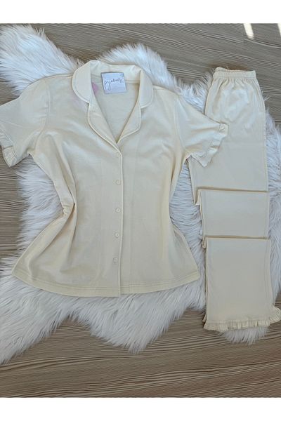 Pijamacs Ecru Cotton Short Sleeve Front Button Pajama Set with Ruffle Detail on Sleeves and Legs