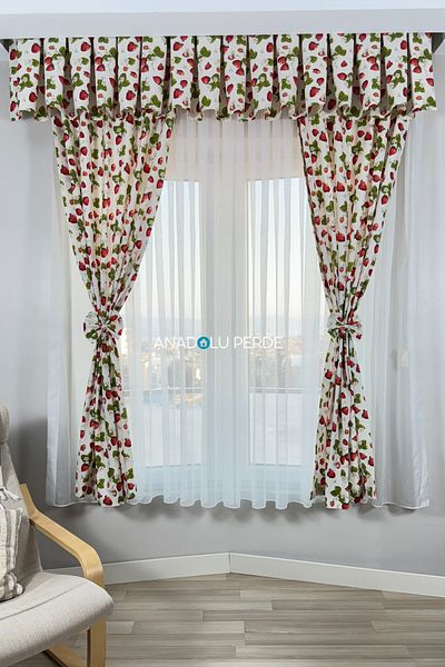GLOMAR Kitchen Curtain Frequently Pleated 1/3 Strawberry Patterned Colored Cornice Short Background Curtain Modern