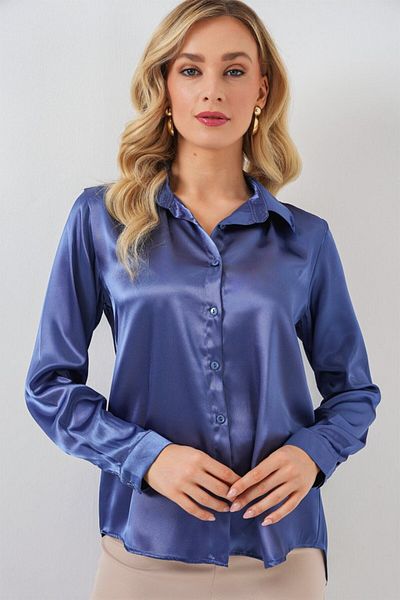 MRA Fashion 3964 Light Flowing Satin Shirt - C.Navy Blue