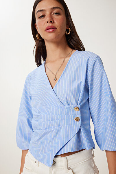 Lovelyİstanbul Ριγέ υφαντό μπλουζάκι με γιακά με ρίγες SKY BLUE WHITE LFW0008