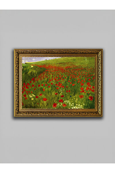 WoodyArts Kırmızı Çiçekli Tarla - Altın Eskitme Çerçeve