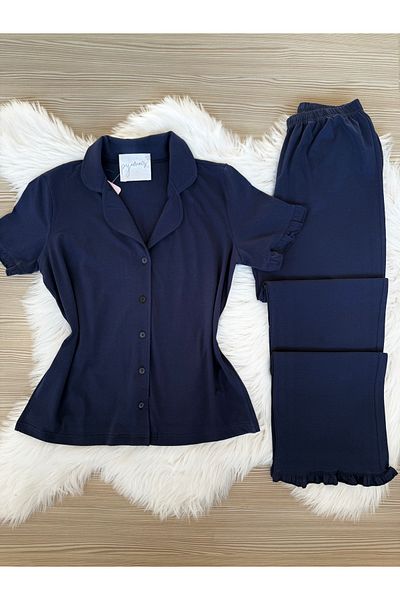 Pijamacs Set de pijamale cu mâneci scurte din bumbac bleumarin, cu mâneci și picioare, cu volan