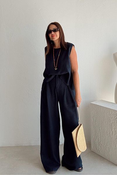 ELVAN TOLON Navy Blue Linen Sleeveless Blouse Trousers Set