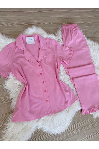 Pijamacs Candy Pink Cotton Short Sleeve Front Button Pajama Set with Ruffle Detail on Sleeves and Legs