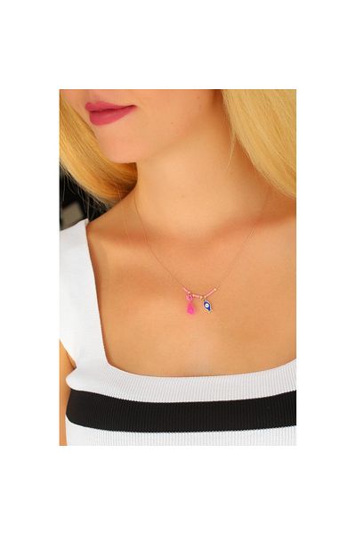 Skygo Pink Color Stone Rose Necklace with Evil Eye Beads - Tj-Bko4372