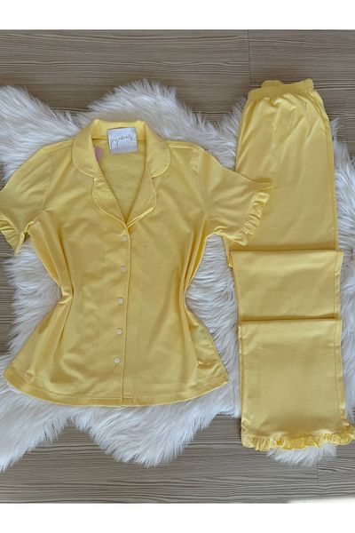 Pijamacs Yellow Cotton Short Sleeve Front Button Pajama Set with Ruffle Detail on Sleeves and Legs