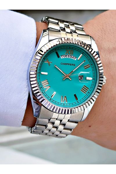 Weluxa Silver Color Pastel Blue Dial Calendar Steel Cord Men Wrist Watch
