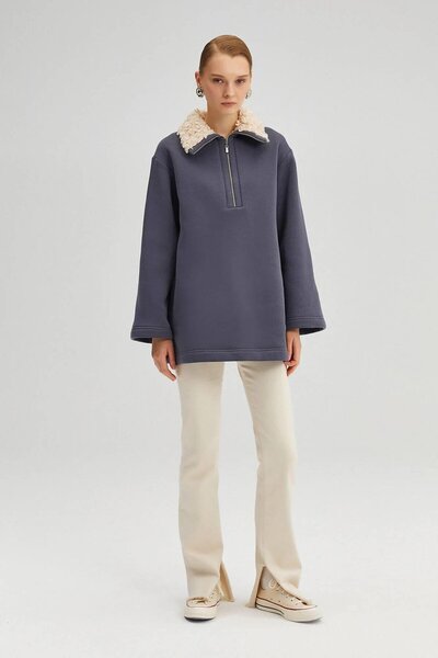 Touche Yakası Kürklü Sweatshirt Antrasit