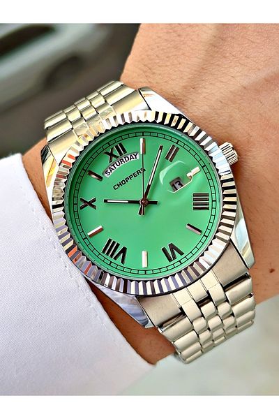 Weluxa Silver Color Pastel Turquoise Dial Calendar Steel Band Men Wrist Watch