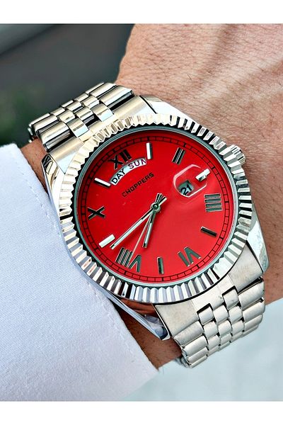 Weluxa Silver Color Pastel Red Dial Calendar Steel Band Men's Wrist Watch