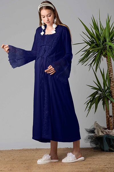 ByLohusa Effortt Navy Blue Maternity Nightgown Set with Dressing Gown