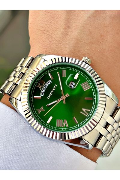 Weluxa Silver Color Green Dial Calendar Steel Band Men's Wrist Watch