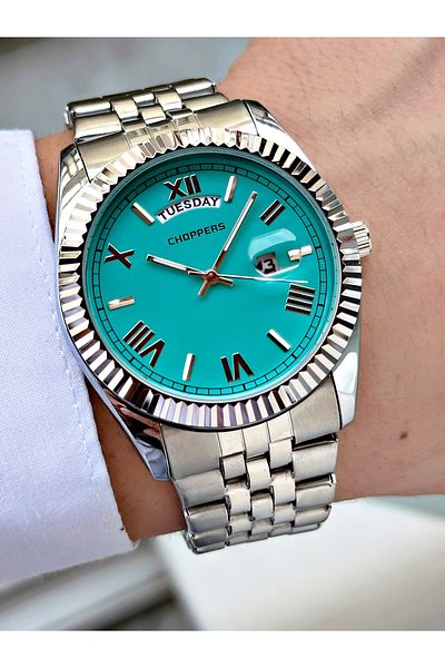 Weluxa Silver Color Pastel Blue Dial Calendar Steel Cord Men Wrist Watch