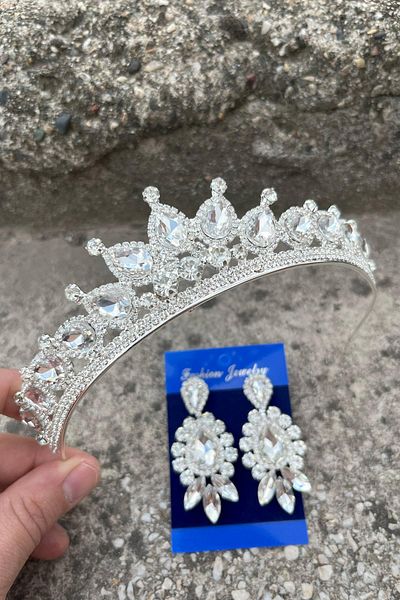 Hobigram Renata Silver Bridal Henna Crown Special Occasion Accessory Women's Crown and Three Shuttle Earrings Set