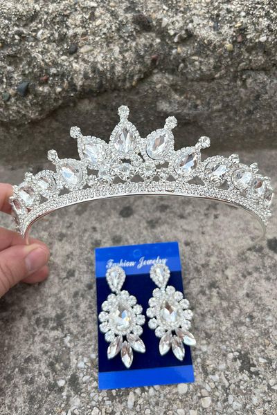 Hobigram Renata Silver Bridal Henna Crown Special Occasion Accessory Women's Crown and Three Shuttle Earrings Set