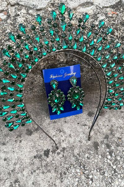 Hobigram Michaelle Green Bridal Henna Crown Special Occasion Accessory Women's Crown and Three Shuttle Earrings Set